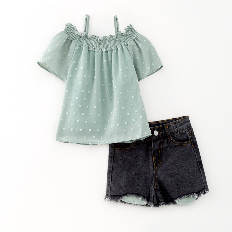 (In Stock)Girls Spring and Summer One-shoulder Swiss Dot Top Denim Shorts Set