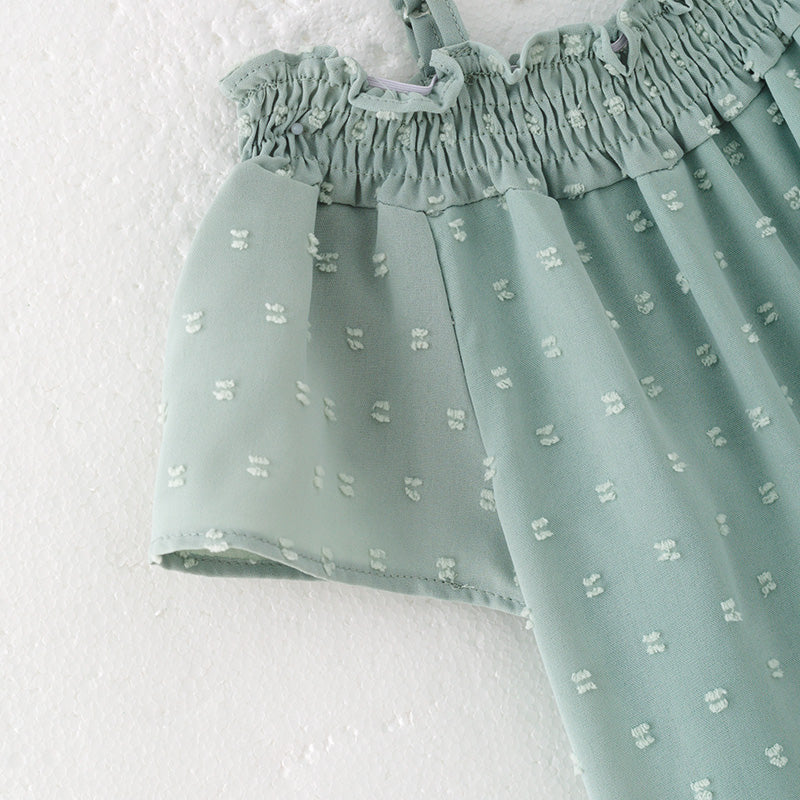 (In Stock)Girls Spring and Summer One-shoulder Swiss Dot Top Denim Shorts Set