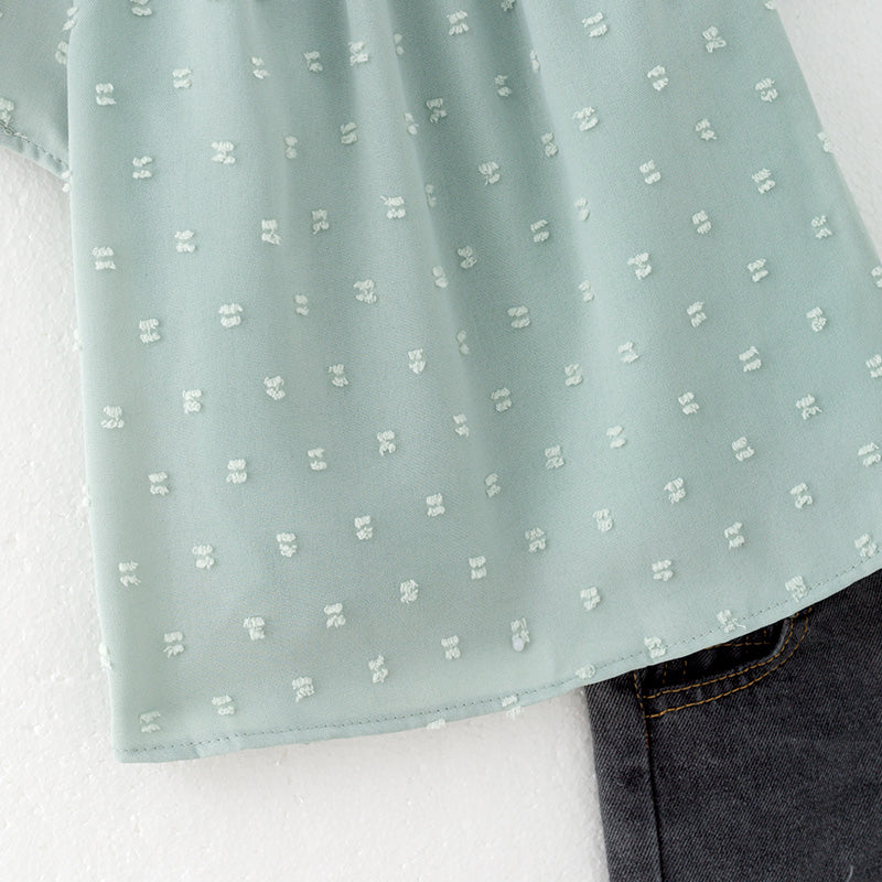 (In Stock)Girls Spring and Summer One-shoulder Swiss Dot Top Denim Shorts Set