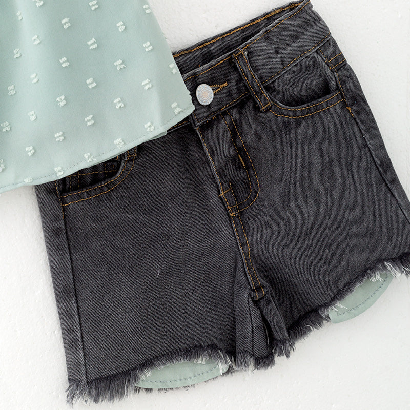 (In Stock)Girls Spring and Summer One-shoulder Swiss Dot Top Denim Shorts Set