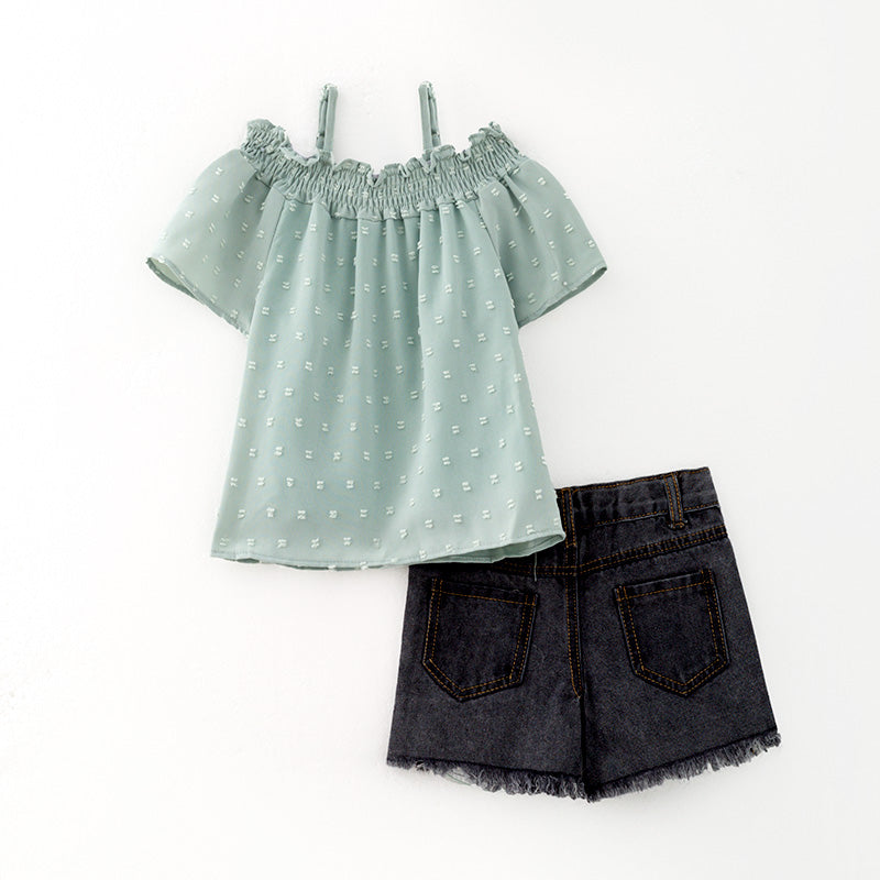 (In Stock)Girls Spring and Summer One-shoulder Swiss Dot Top Denim Shorts Set