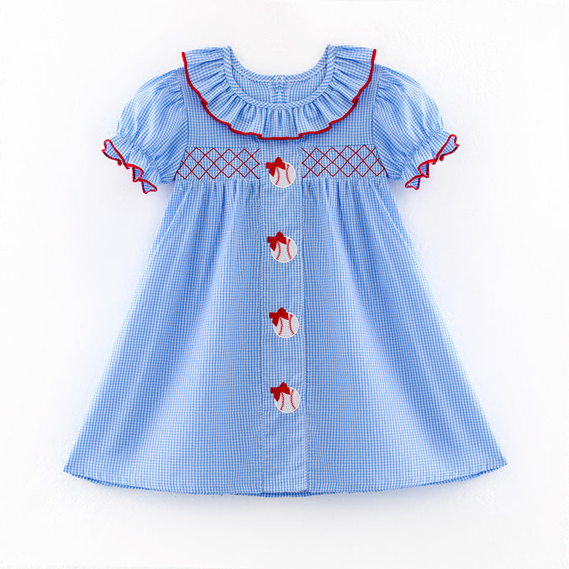 (In Stock)Girls Spring and Summer Baseball Embroidery Blue Plaid Dress