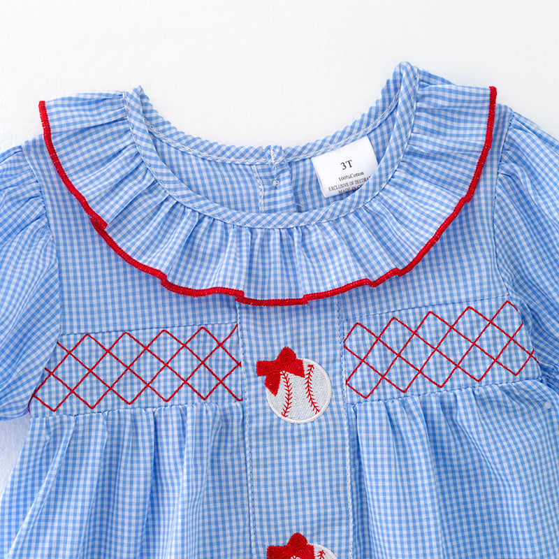 (In Stock)Girls Spring and Summer Baseball Embroidery Blue Plaid Dress