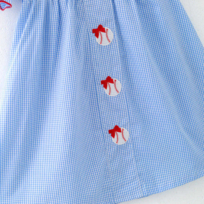 (In Stock)Girls Spring and Summer Baseball Embroidery Blue Plaid Dress