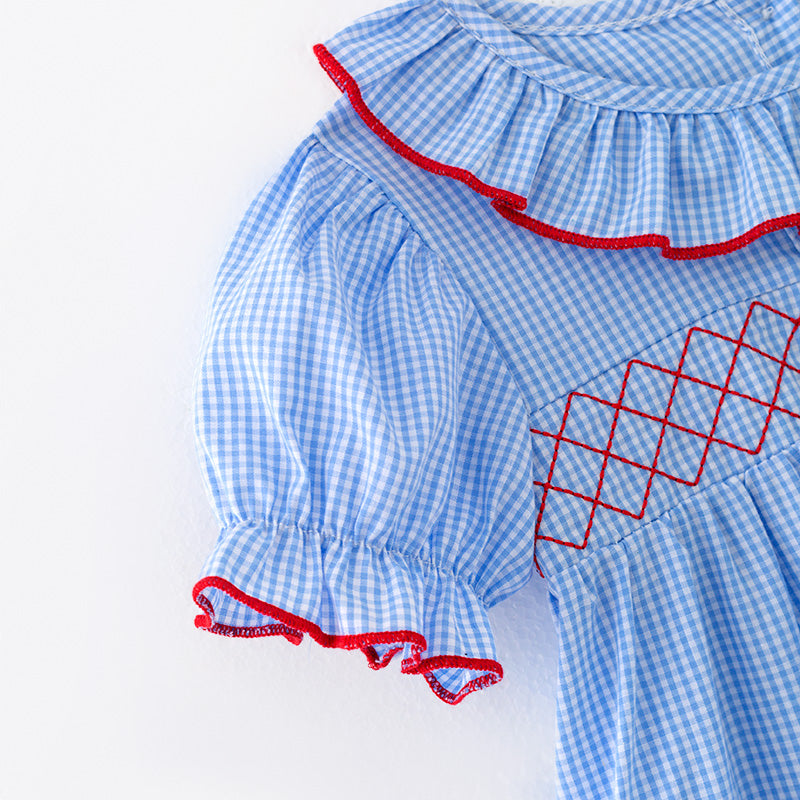 (In Stock)Girls Spring and Summer Baseball Embroidery Blue Plaid Dress
