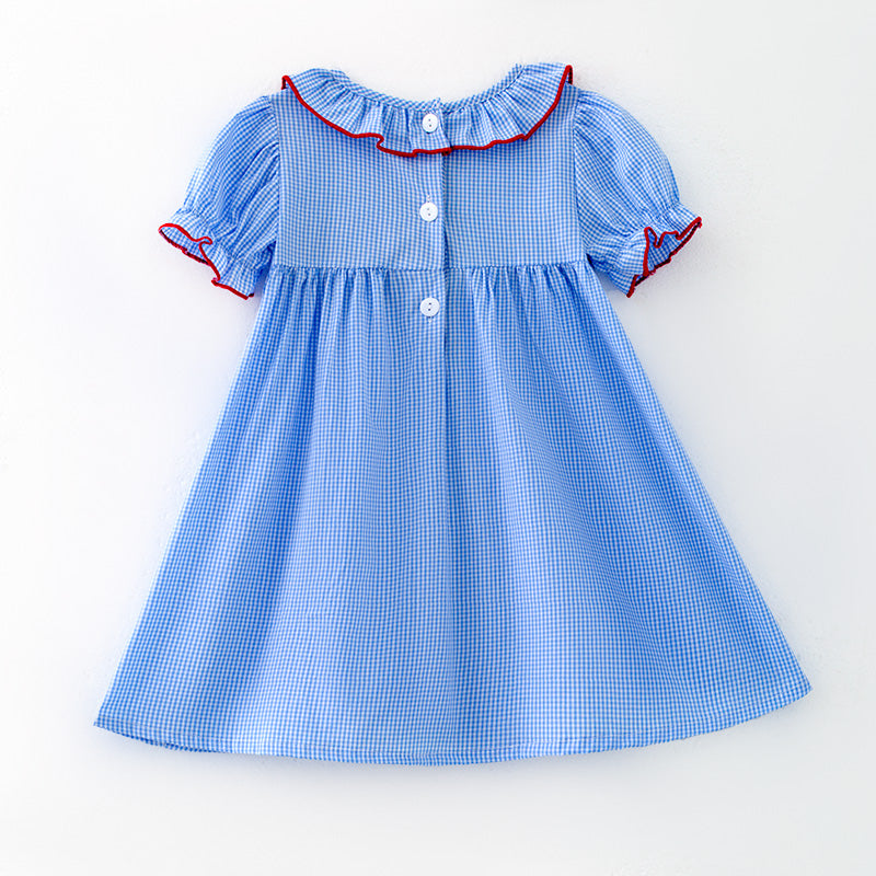 (In Stock)Girls Spring and Summer Baseball Embroidery Blue Plaid Dress