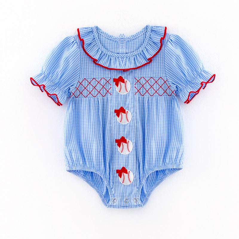 (In Stock)Toddler Girls Spring and Summer Baseball Embroidery Blue Plaid Romper