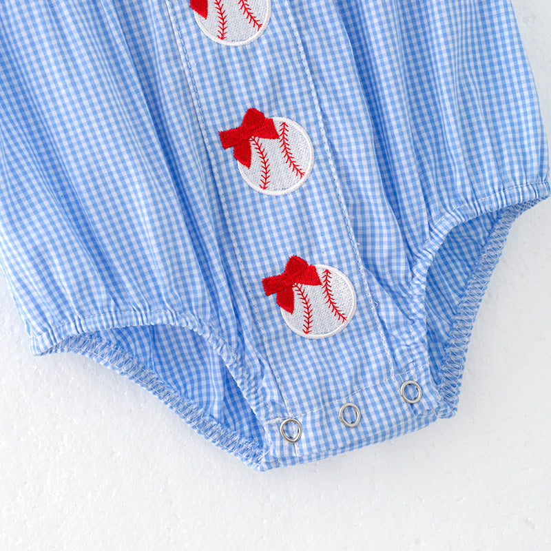 (In Stock)Toddler Girls Spring and Summer Baseball Embroidery Blue Plaid Romper