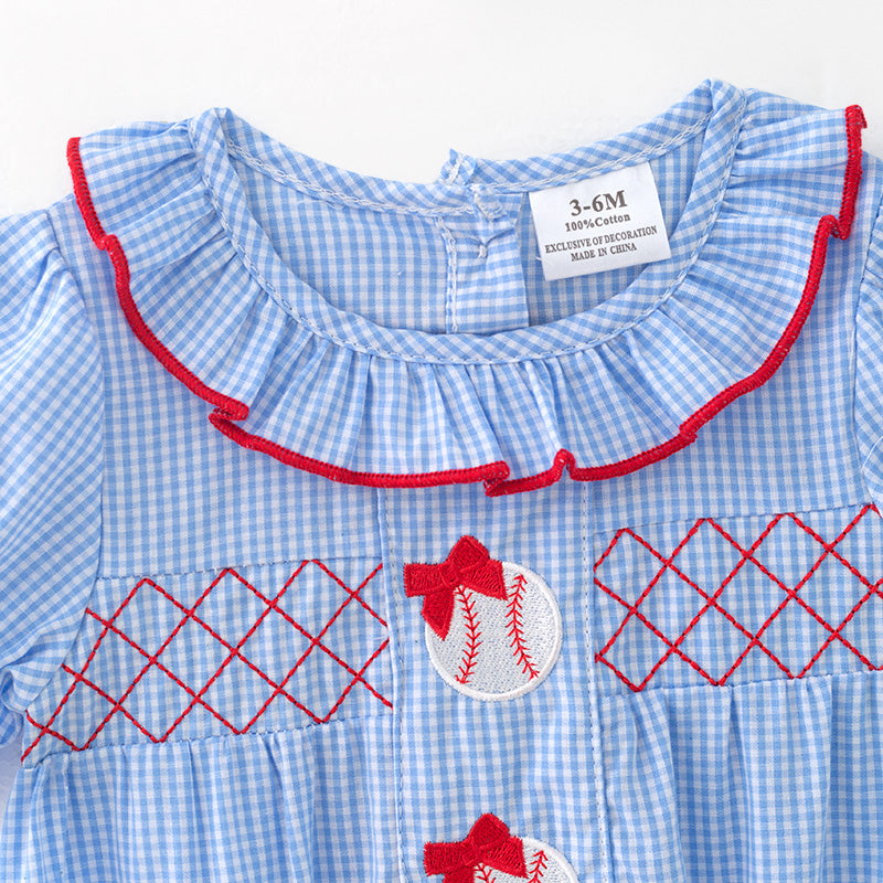 (In Stock)Toddler Girls Spring and Summer Baseball Embroidery Blue Plaid Romper