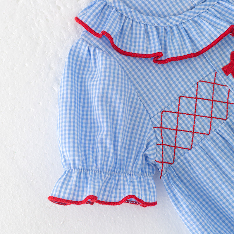 (In Stock)Toddler Girls Spring and Summer Baseball Embroidery Blue Plaid Romper