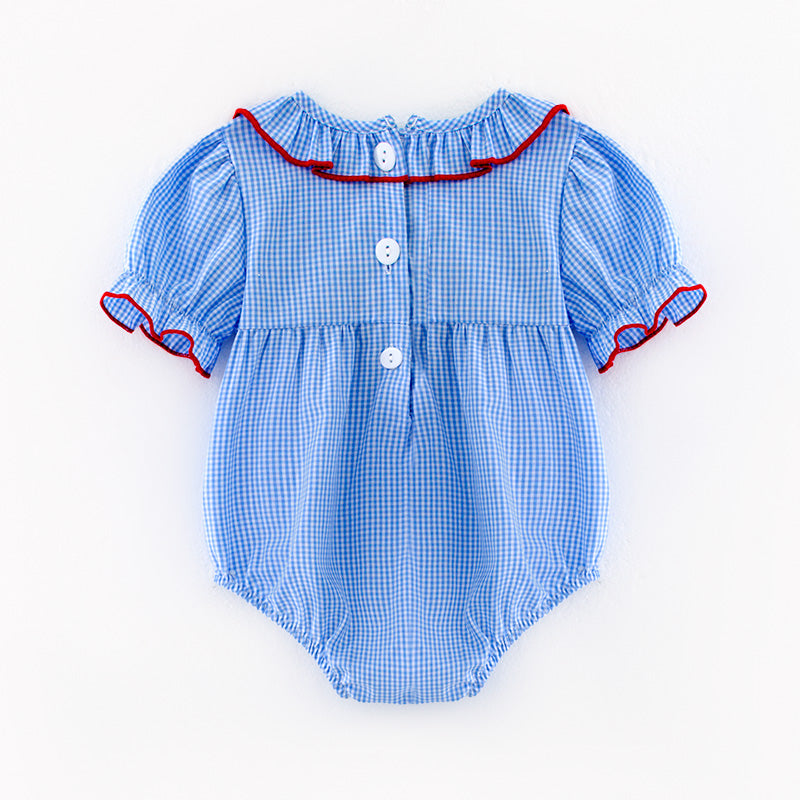 (In Stock)Toddler Girls Spring and Summer Baseball Embroidery Blue Plaid Romper
