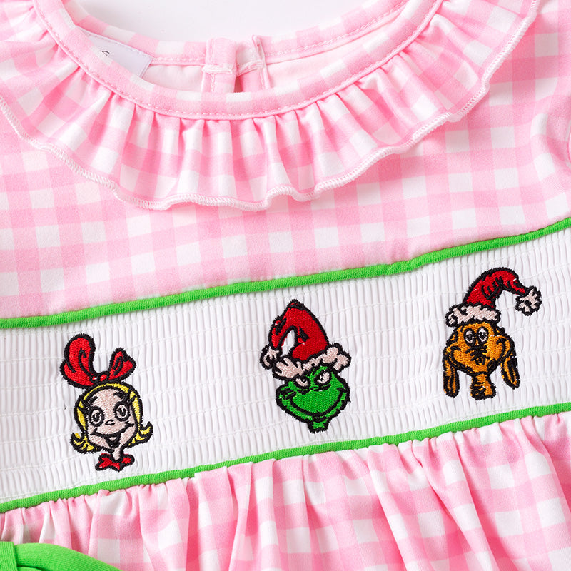 (In Stock)Girls Christmas Cartoon Embroidery Smocked Dress
