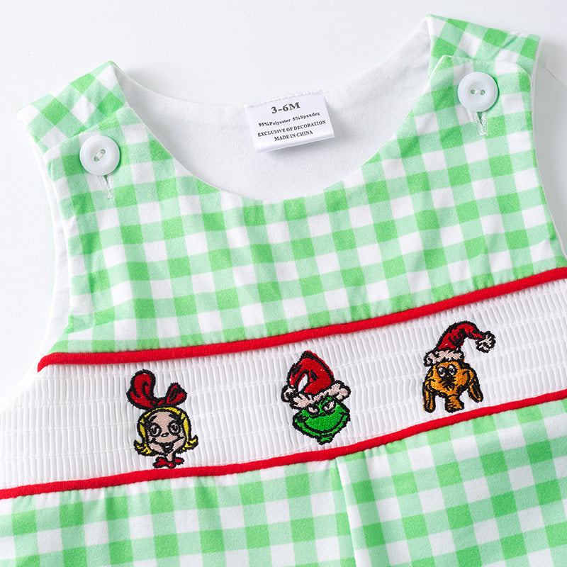 (In Stock)Toddler Boys Christmas Cartoon Embroidery Smocked Romper