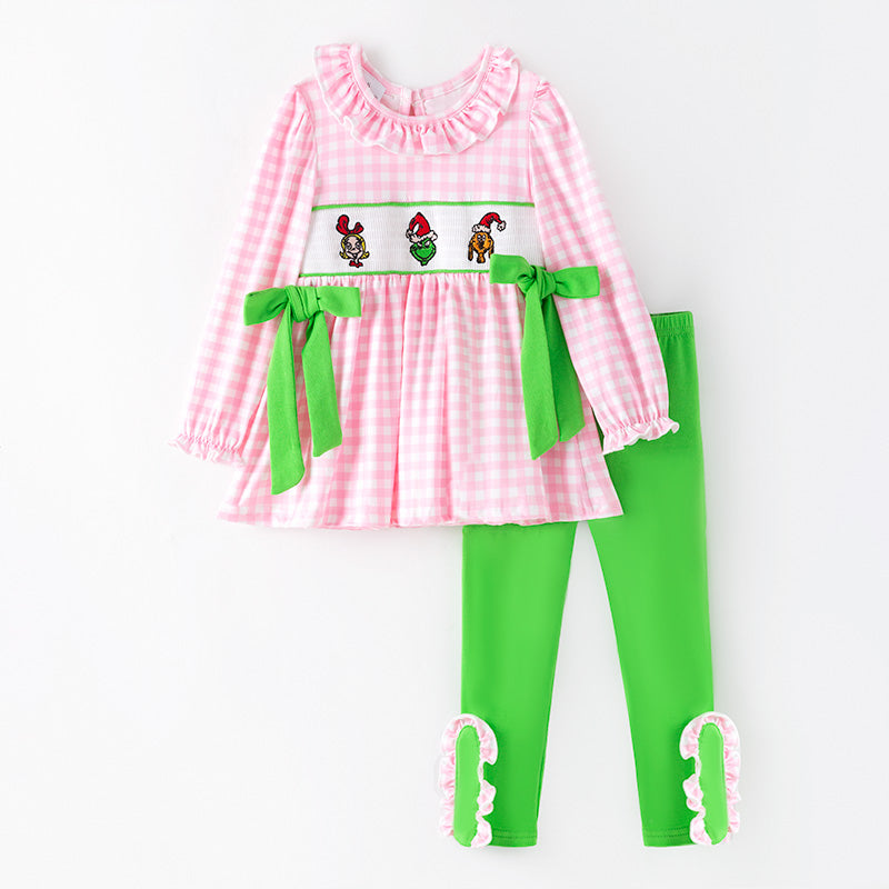 (In Stock)Girls Christmas Cartoon Embroidery Smocked Outfit Set