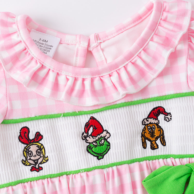 (In Stock)Toddler Girls Christmas Cartoon Embroidery Smocked Romper
