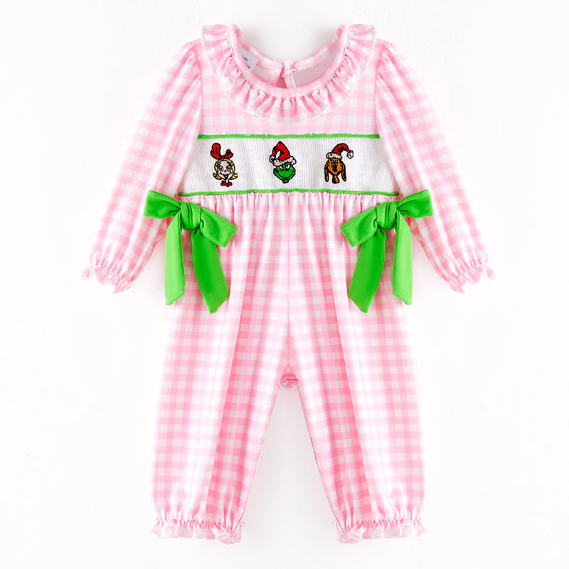 (In Stock)Toddler Girls Christmas Cartoon Embroidery Smocked Romper