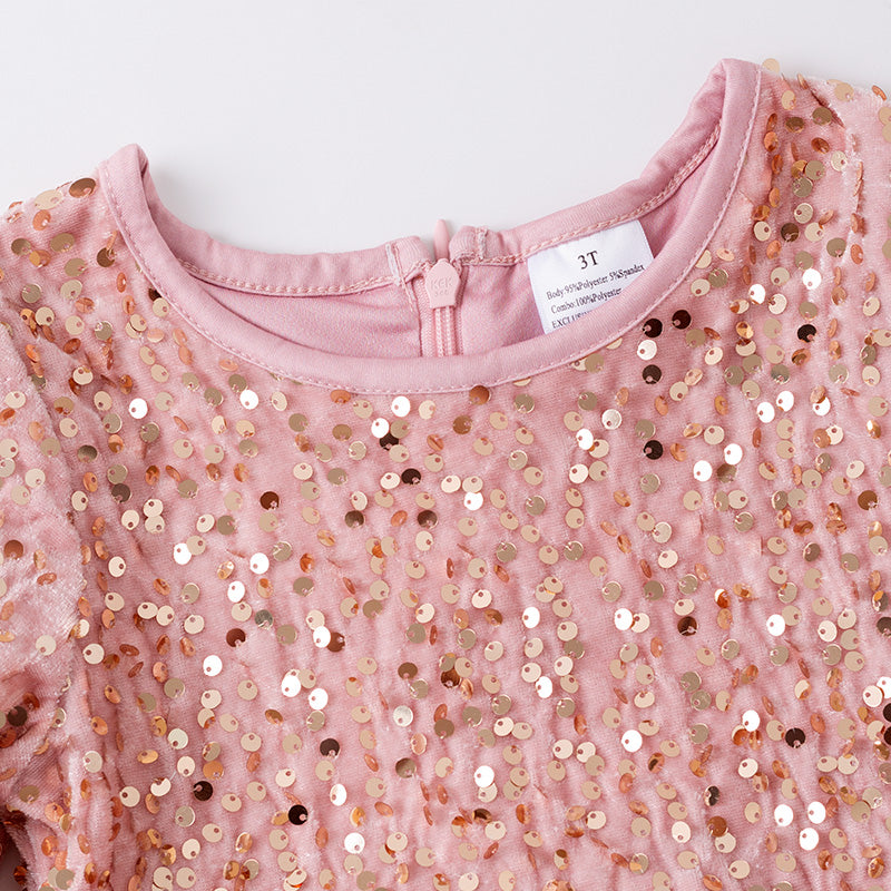 (In Stock)Girls Fall&Winter Pink Sequin Velvet Dress
