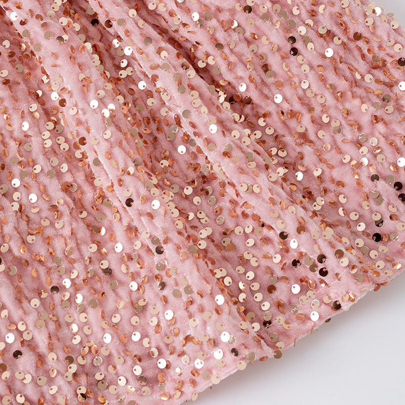 (In Stock)Girls Fall&Winter Pink Sequin Velvet Dress