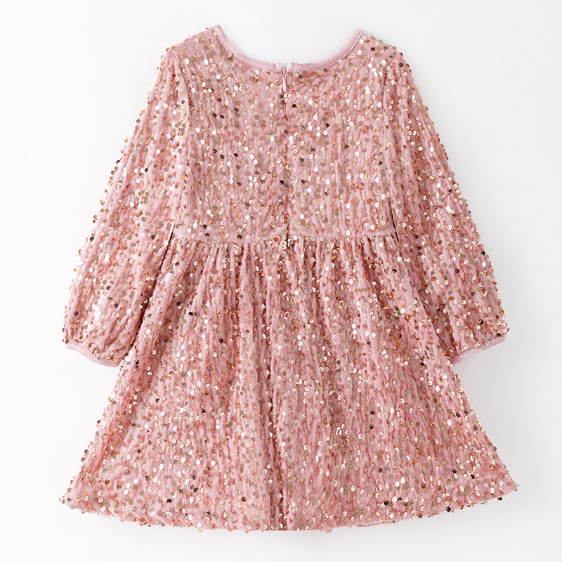 (In Stock)Girls Fall&Winter Pink Sequin Velvet Dress