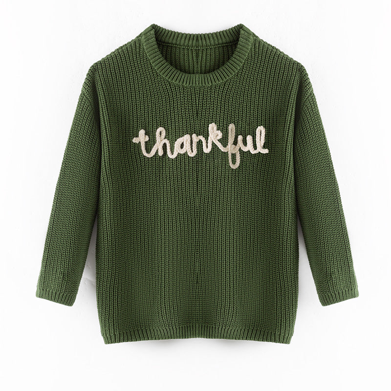 (In Stock)Girls Fall&Winter Thankful Embroidery Dark Green Sweater
