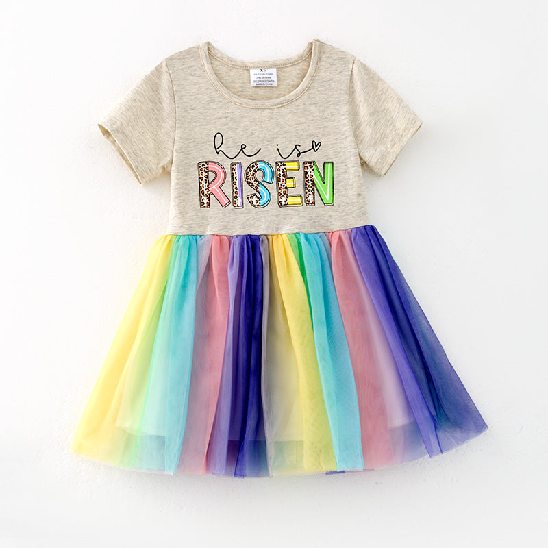 (In Stock)Girls Easter He is RISEN Print Tulle Dress
