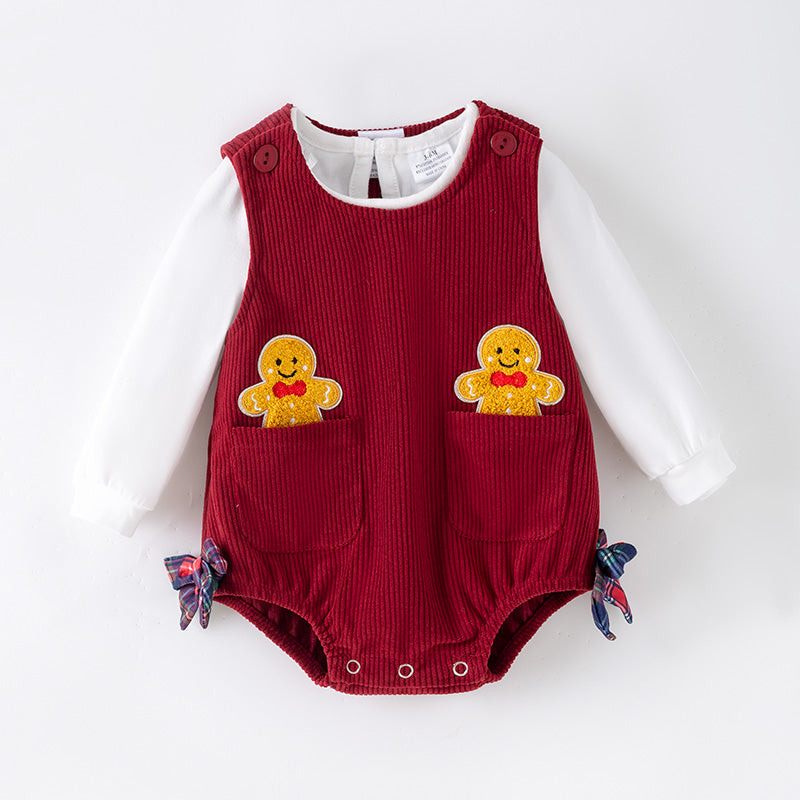 (In Stock)Toddler Girls Christmas Gingerbread Chenille Patches Corduroy Romper
