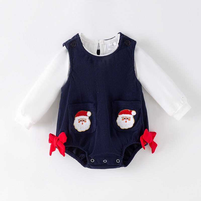 (In Stock)Toddler Girls Christmas Santa Claus Chenille Patches Corduroy Romper