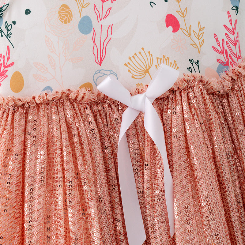 (In Stock)Girls Easter Bunny Print Sequin Tulle Dress