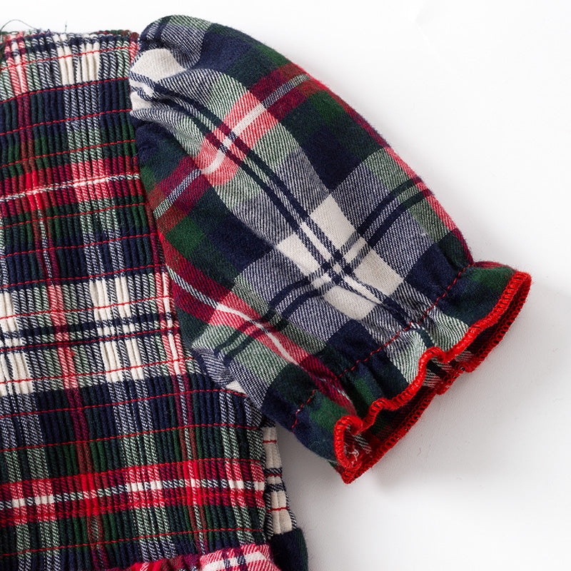 (In Stock)Toddler Girls Christmas Plaid Pattern Smocked Romper