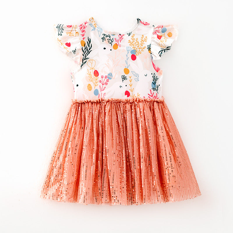 (In Stock)Girls Easter Bunny Print Sequin Tulle Dress