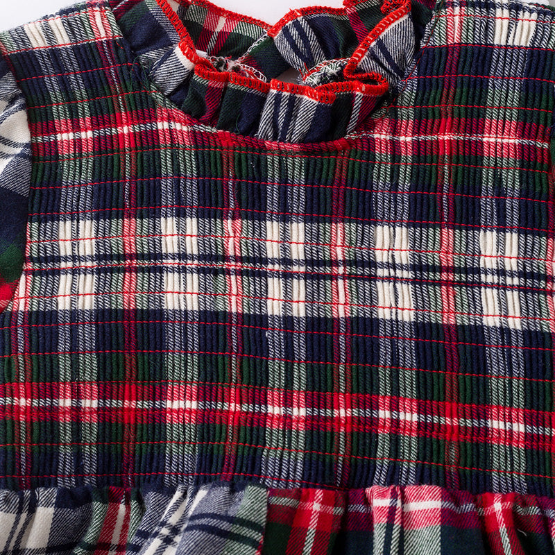 (In Stock)Toddler Girls Christmas Plaid Pattern Smocked Romper
