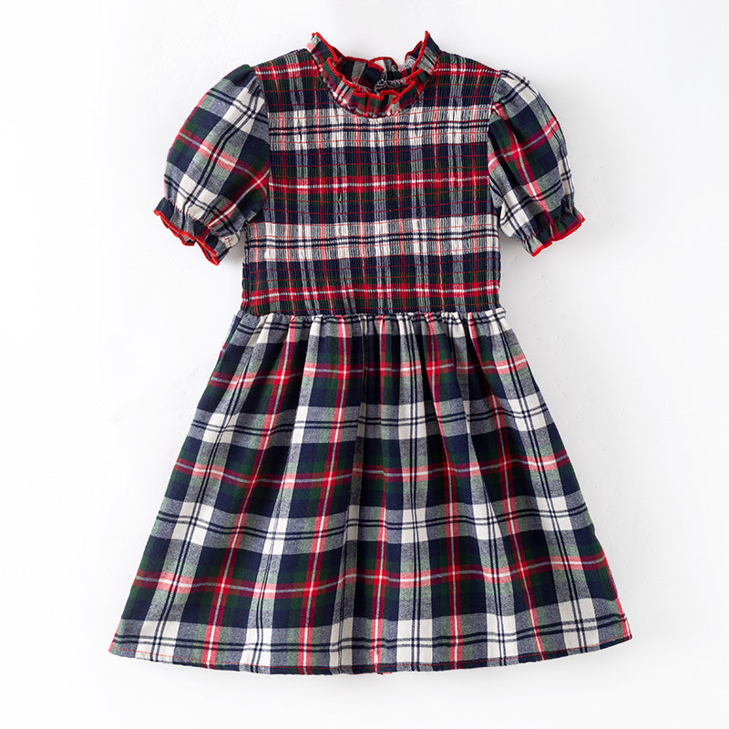 (In Stock)Girls Christmas Plaid Pattern Smocked Dress