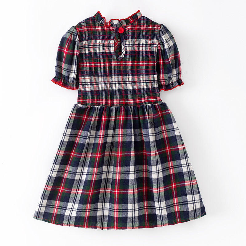 (In Stock)Girls Christmas Plaid Pattern Smocked Dress
