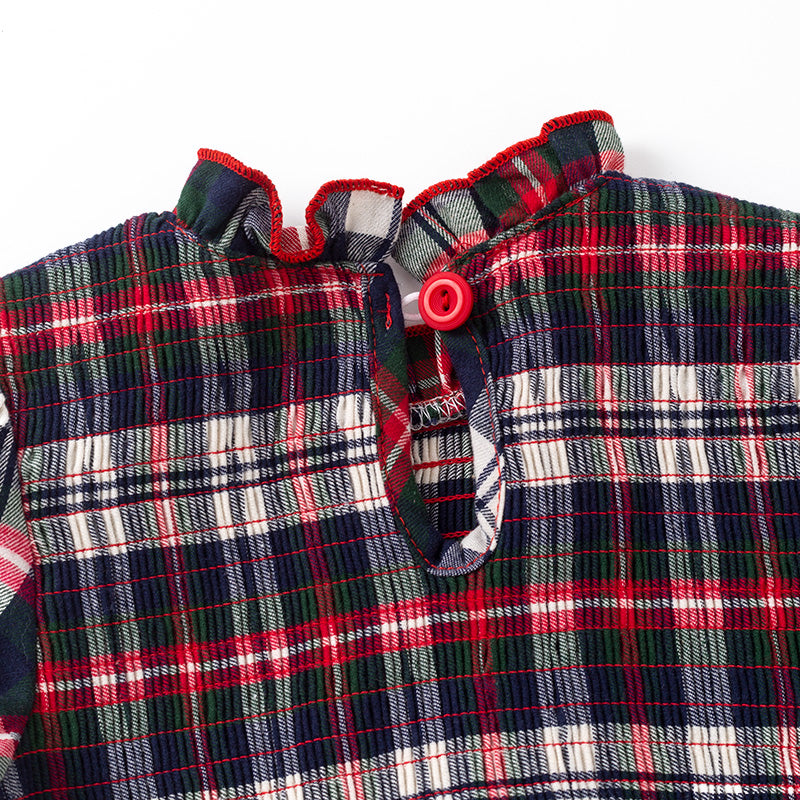 (In Stock)Girls Christmas Plaid Pattern Smocked Dress