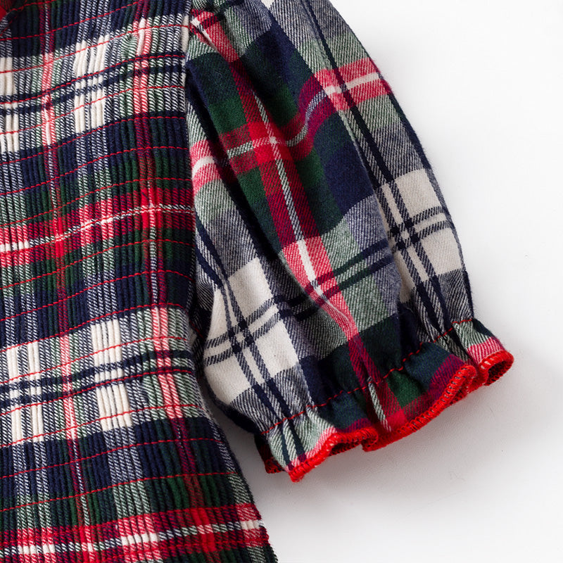 (In Stock)Girls Christmas Plaid Pattern Smocked Dress
