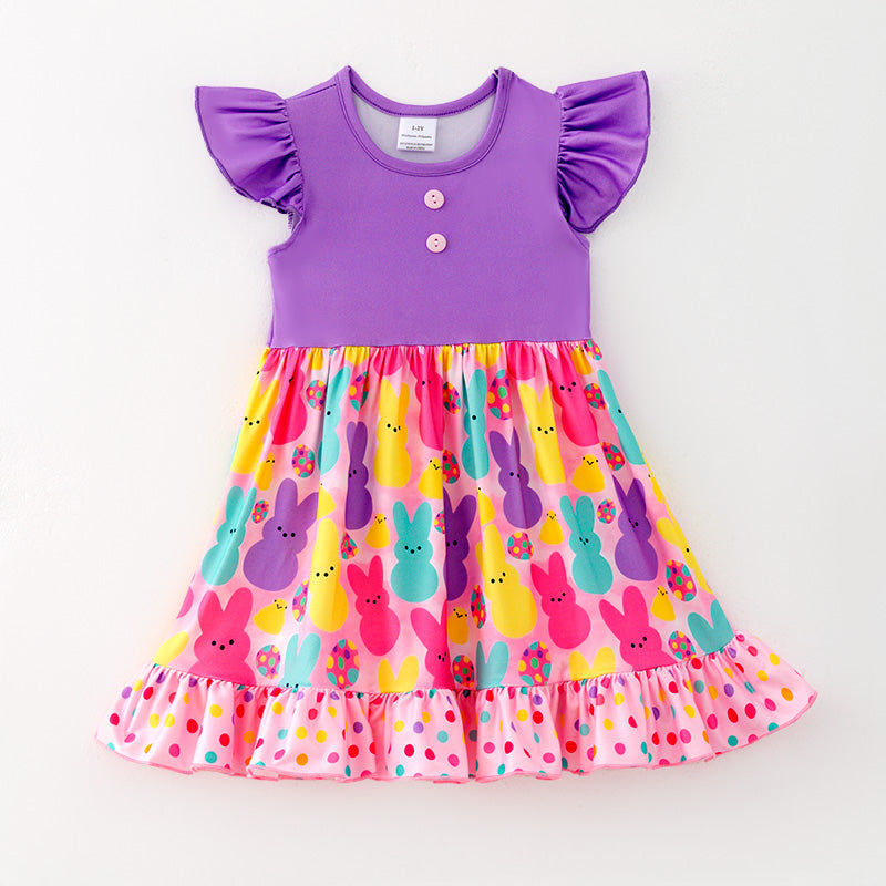 (In Stock)Girls Easter Bunny Print Flying Sleeves Dress