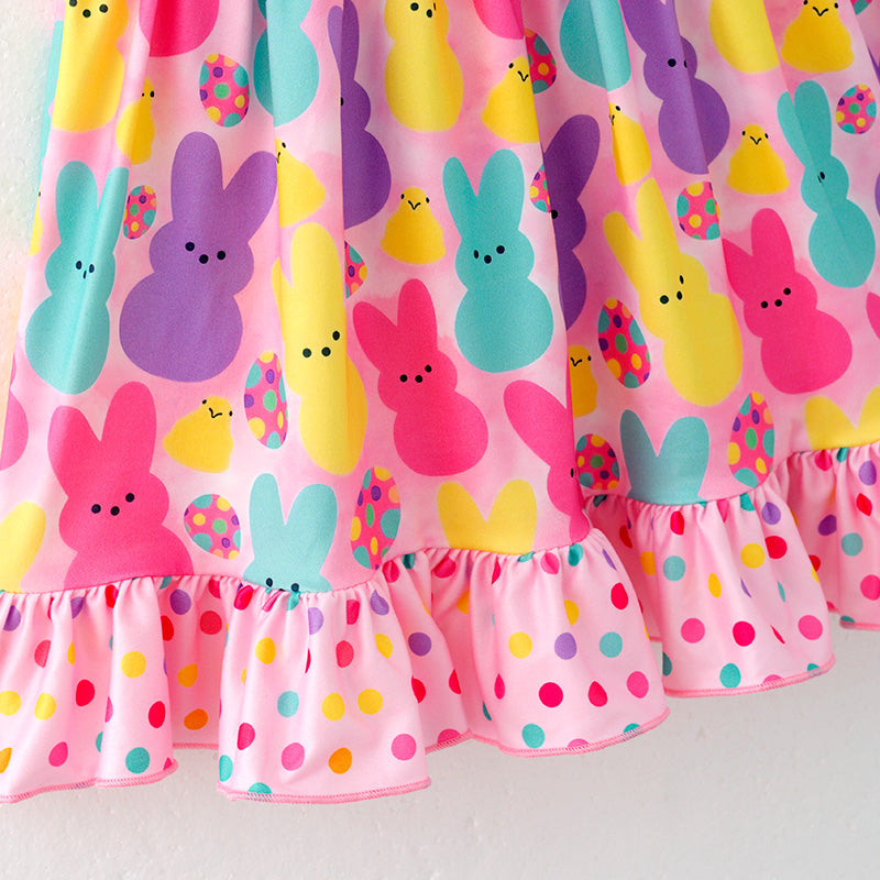 (In Stock)Girls Easter Bunny Print Flying Sleeves Dress