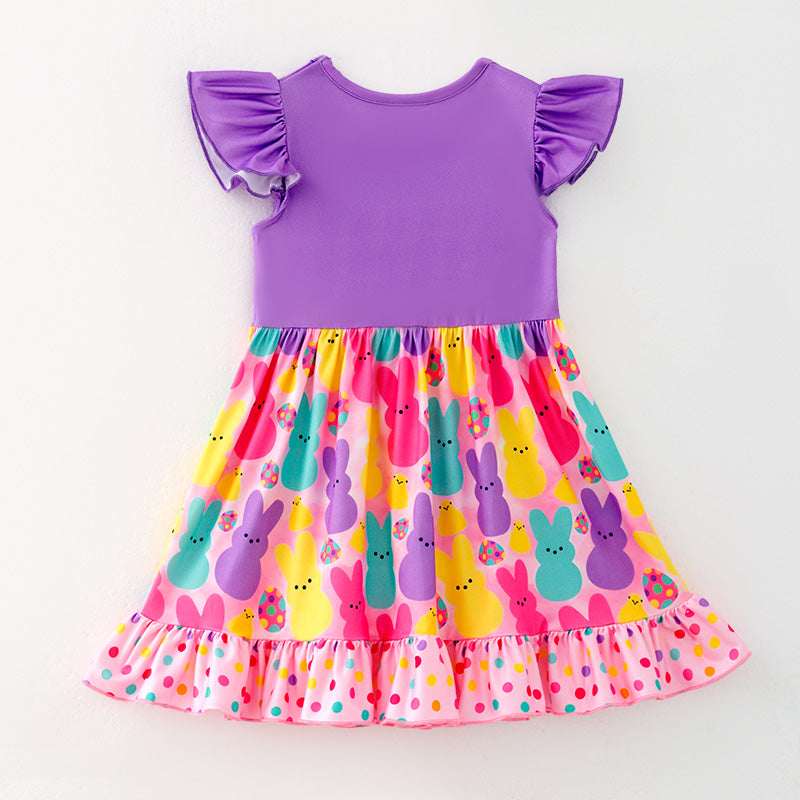 (In Stock)Girls Easter Bunny Print Flying Sleeves Dress