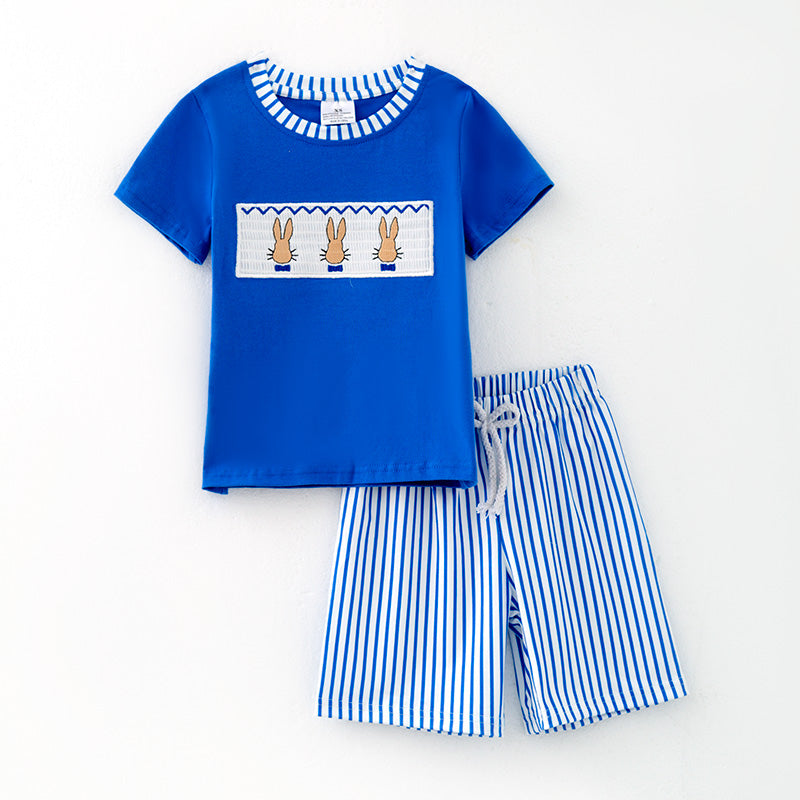 (In Stock)Boys Easter Bunny Embroidery Smocked Shorts Set