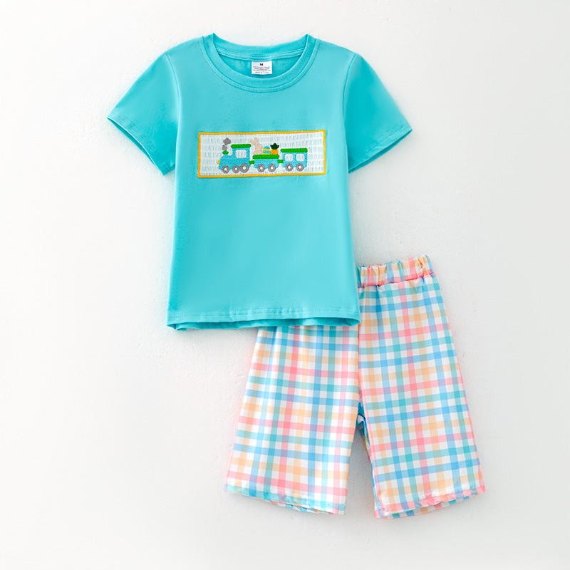 (In Stock)One Pack(7 Pieces total) Sale Boys Easter Bunny Embroidery Smocked Shorts Set