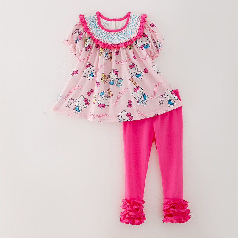 (In Stock)Girls Cartoon Print Puff Sleeve Smocked Outfit Set