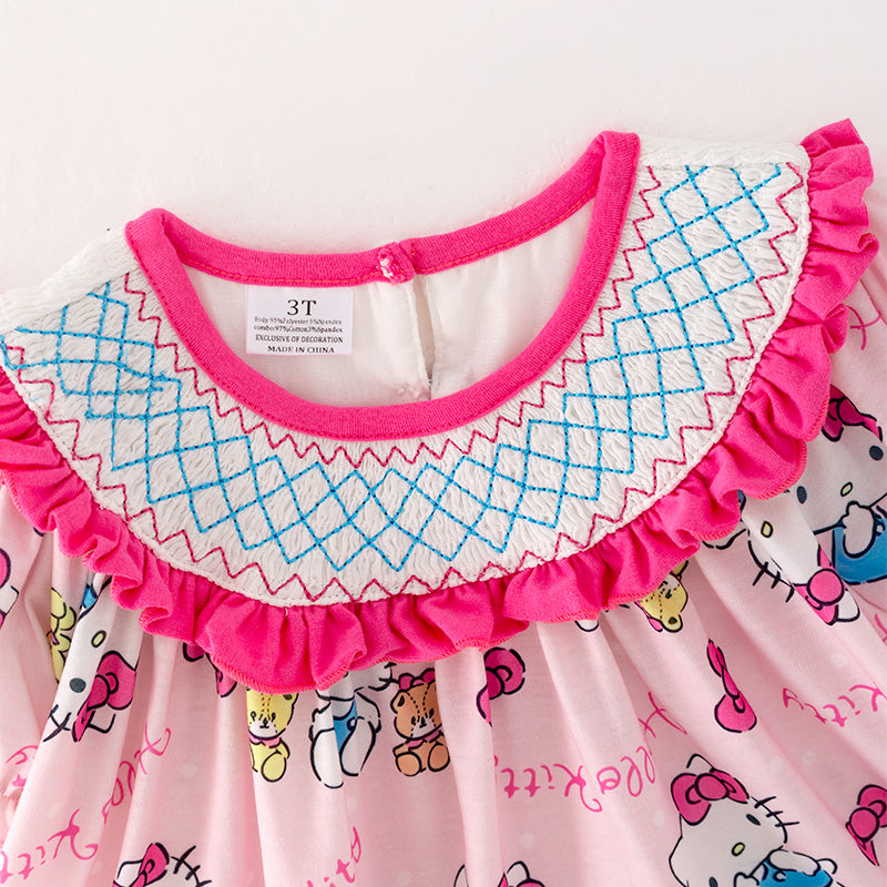 (In Stock)Girls Cartoon Print Puff Sleeve Smocked Outfit Set