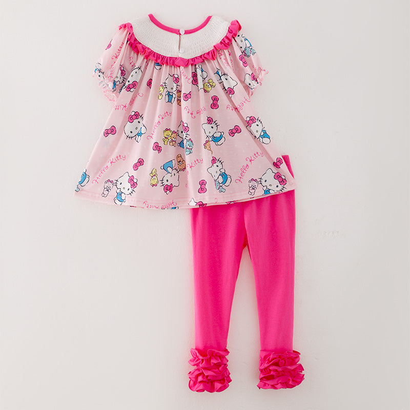 (In Stock)Girls Cartoon Print Puff Sleeve Smocked Outfit Set