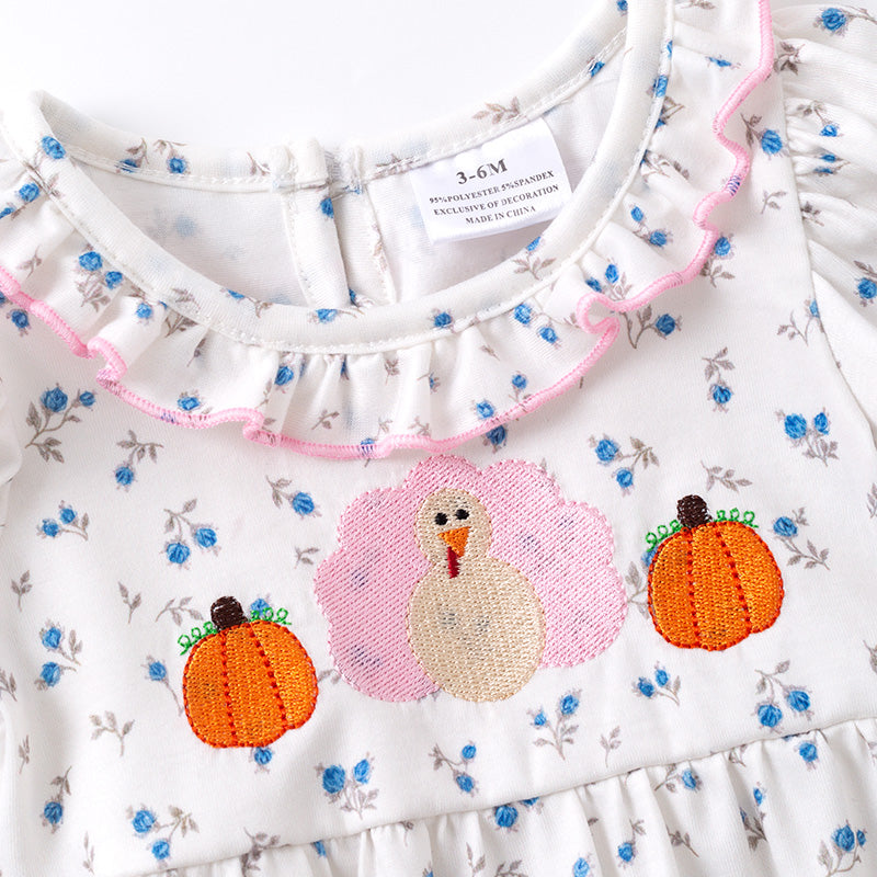 (In Stock)Toddler Girls Thanksgiving Turkey&Pumpkin Embroidery Romper