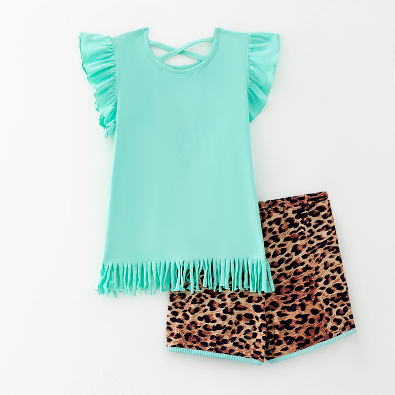(In Stock)Girls Easter Bunny Print Cotton Top Leopard Print Shorts Set