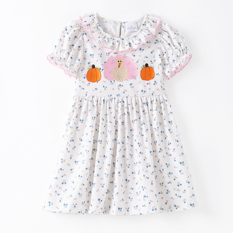 (In Stock)Girls Thanksgiving Turkey&Pumpkin Embroidery Dress