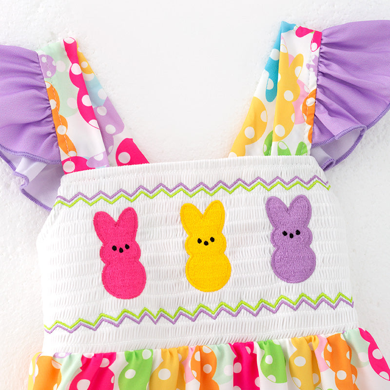 (In Stock)Girls Easter Bunny Embroidery Smocked Dress