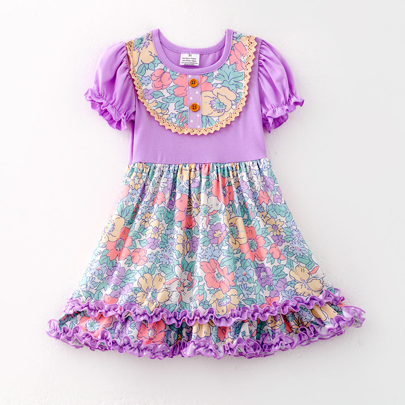 (In Stock)Girls Spring and Summer Lavender Floral Print Dress