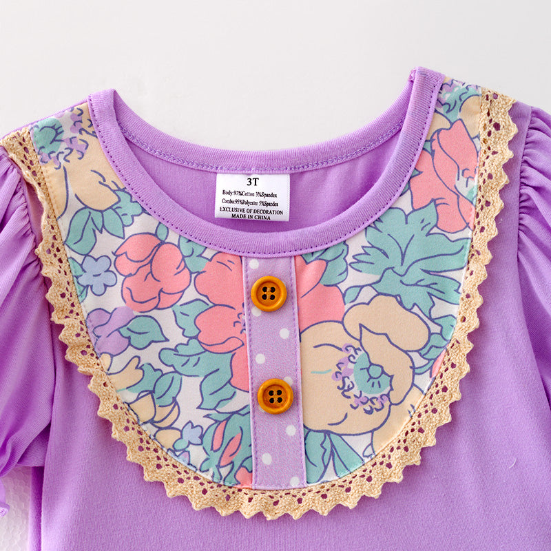(In Stock)Girls Spring and Summer Lavender Floral Print Dress