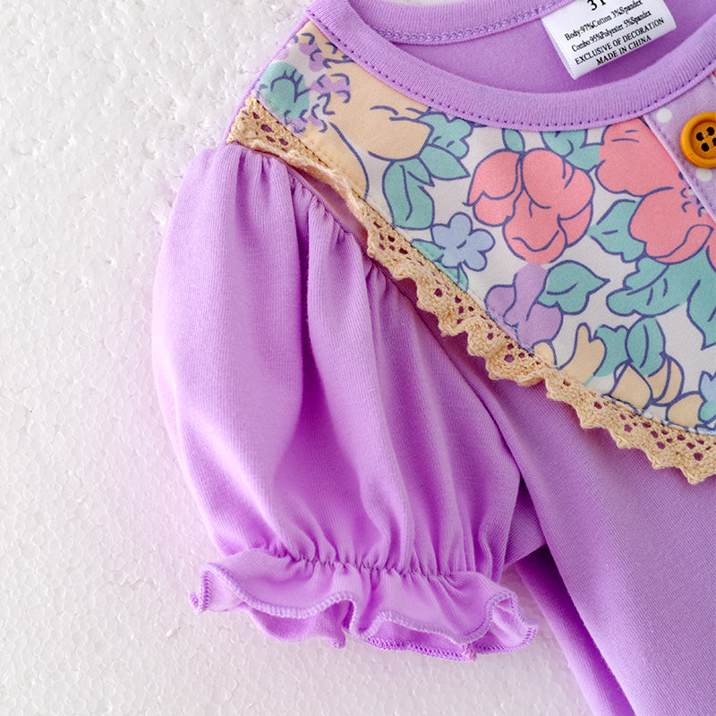 (In Stock)Girls Spring and Summer Lavender Floral Print Dress